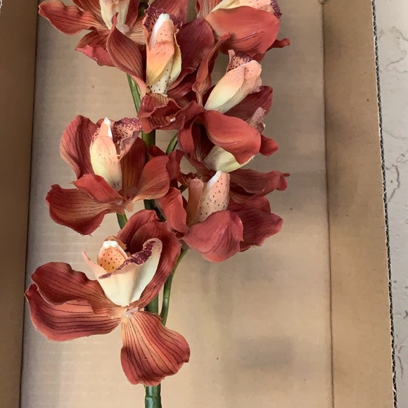 40” Cymbidium Orchid Stem Dusty Orange Silk Artificial Faux Flower - Picture 2 of 6